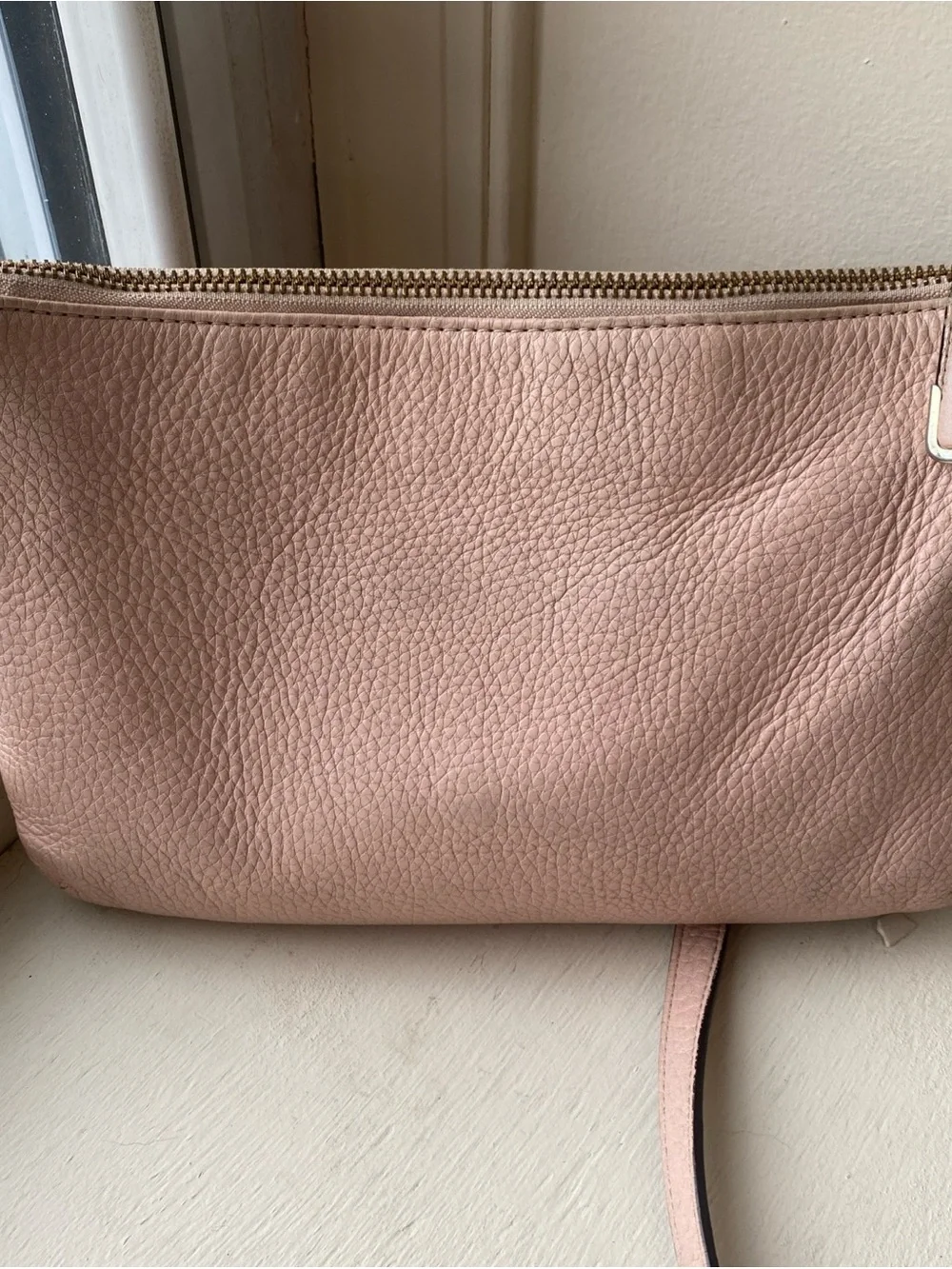 Coach Madison East West Pebbled Leather Crossbody Purse in Blush Pink dirty
